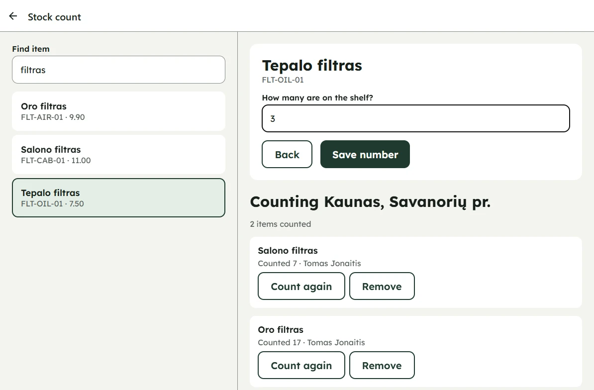 Counting stock on a tablet in a Kaunas shop: three filters found, two already counted